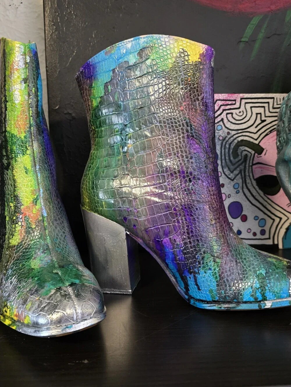 HANDCRAFTED Upcycled Ankle Boots HANDPAINTED Size 9.5 Bootie Snake Print Texture